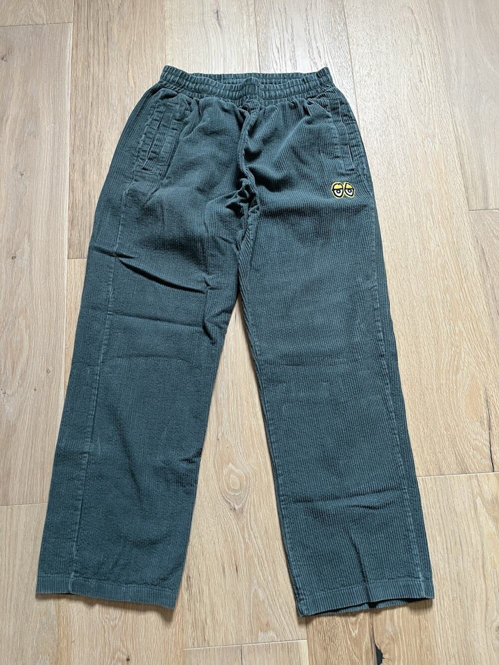 Krooked Mens Baggy Fit Drawstring Corduroy Pants Dark Green Embroidered Sz M
